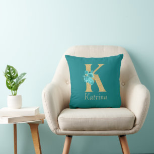 Fancy Gold & Aqua Floral Letter K Throw Pillow