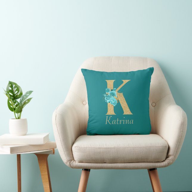 Fancy Gold & Aqua Floral Letter K Throw Pillow (Chair)