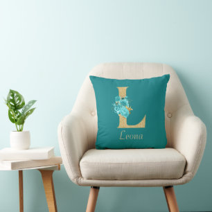 Fancy Gold & Aqua Floral Letter L Throw Pillow