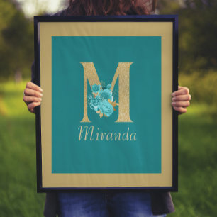 Fancy Gold & Aqua Floral Letter M Wall Print