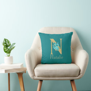 Fancy Gold & Aqua Floral Letter N Throw Pillow
