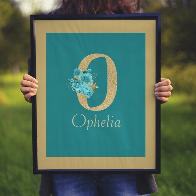 Fancy Gold & Aqua Floral Letter O Wall Print (Creator Uploaded)