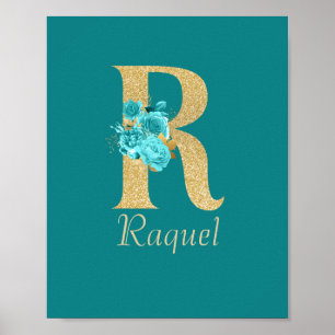 Fancy Gold & Aqua Floral Letter R   Poster