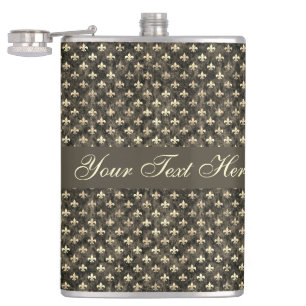 Fancy Gold Brown Fleur De Lis Vinyl Wrapped Flask