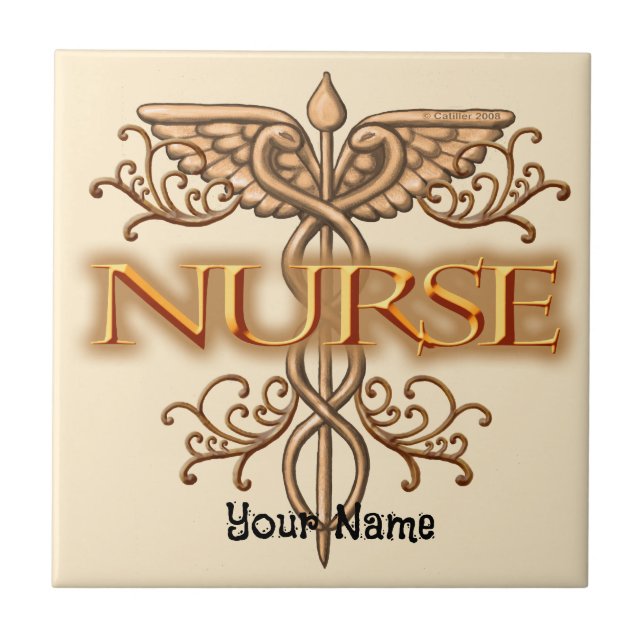 Fancy gold caduceus nurse  ceramic tile (Front)