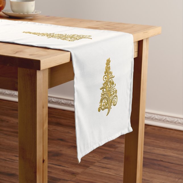 Fancy Gold Christmas Tree Classic Retro Holiday Short Table Runner (In Situ)