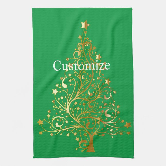 Fancy Gold Christmas Tree Thunder_Cove  Tea Towel (Vertical)