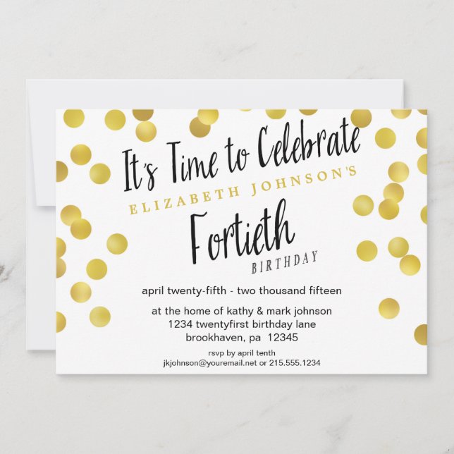 Fancy Gold Confetti 40th Birthday Party Invite (Front)