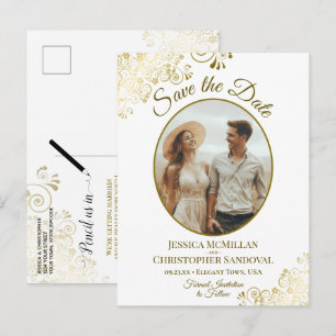 Fancy Gold Curls Wedding Save the Date Oval Photo Announcement Postcard