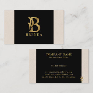 Fancy Gold Letter B Monogram On black and linen Business Card