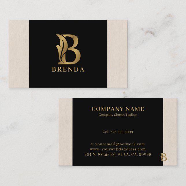 Fancy Gold Letter B Monogram On black and linen Business Card (Front/Back)