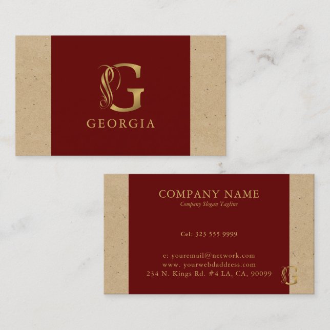 Fancy Gold Letter G Monogram On Red and Cardboard Business Card (Front/Back)