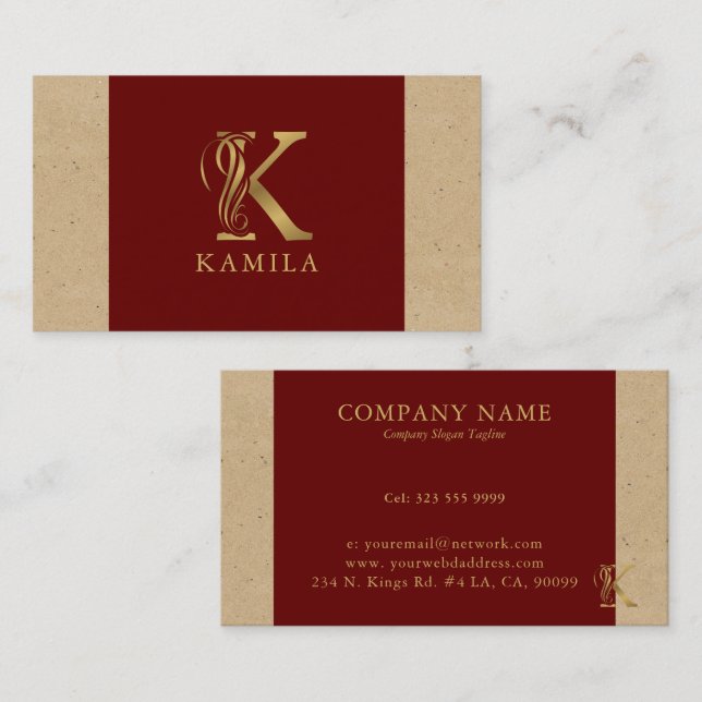 Fancy Gold Letter K Monogram On Red and Cardboard Business Card (Front/Back)