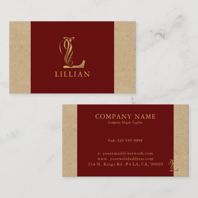 Fancy Gold Letter L Monogram On Red and Cardboard Business Card (Front/Back)