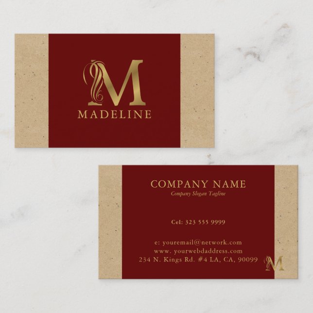 Fancy Gold Letter M Monogram On Red and Cardboard Business Card (Front/Back)