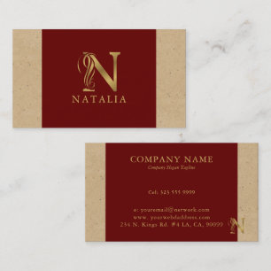 Fancy Gold Letter N Monogram On Red and Cardboard Business Card