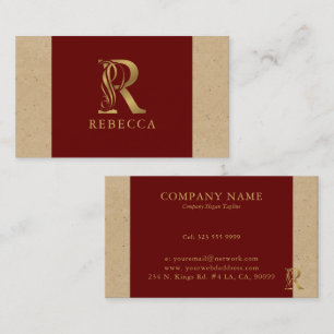 Fancy Gold Letter R Monogram On Red and Cardboard Business Card