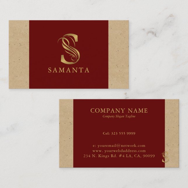 Fancy Gold Letter S Monogram On Red and Cardboard Business Card (Front/Back)