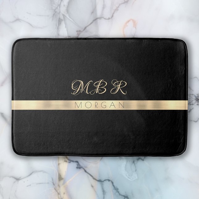 Fancy Gold Monogram, Name, Yellow Gold Stripe, Blk Bath Mat (Creator Uploaded)