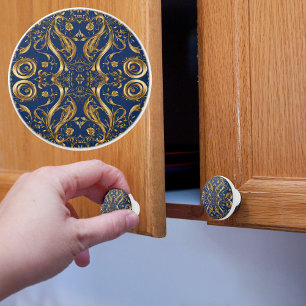 Fancy Gold on Blue Ceramic Knob