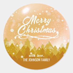 Fancy Gold Peaceful Snow Forest Merry Christmas  Classic Round Sticker