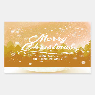 Fancy Gold Peaceful Snow Forest Merry Christmas Rectangular Sticker
