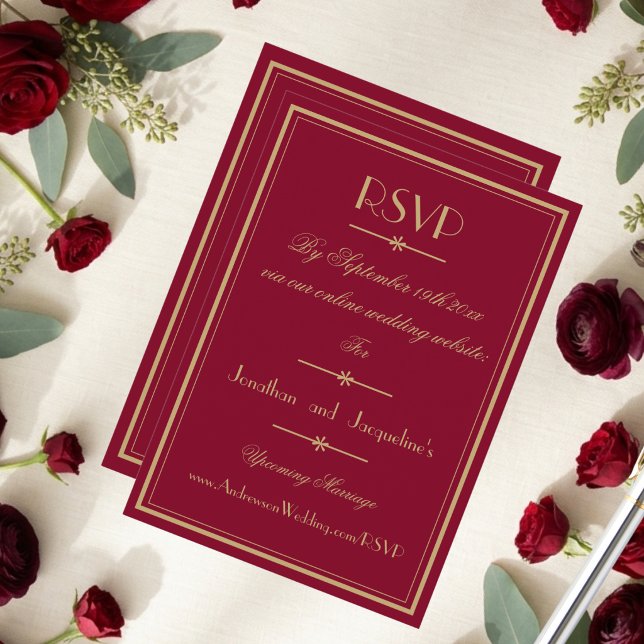 Fancy Gold Script Borders Burgundy Wedding Website RSVP Card (Just remove the website if you don't need it. Part of our Burgundy Red Wedding Collection. )