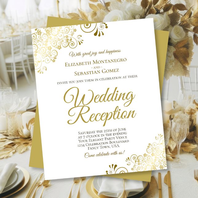 Fancy Gold & White Wedding Reception BUDGET Invite (Front/Back)