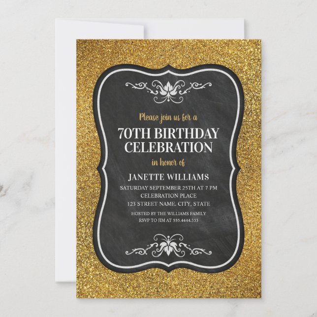 Fancy Golden Glitter Adult 70th Birthday Party Invitation (Front)