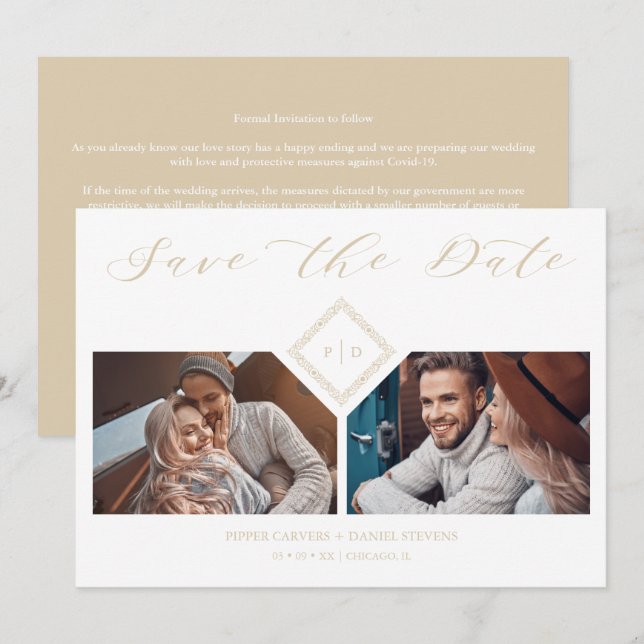 Fancy Golden Initials Chic Ornament Sophisticated  Save The Date (Front/Back)