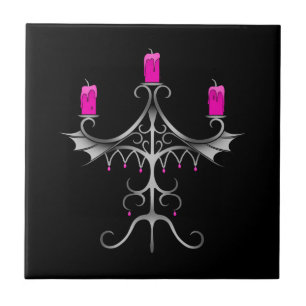 Fancy Gothic candelabra hot pink on black Tile