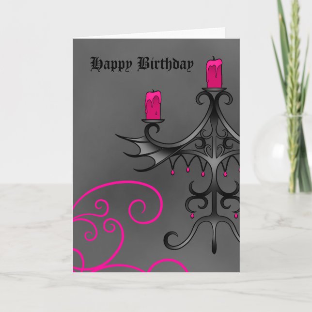 Fancy Gothic candelabra in pink on gray birthday Card (Front)