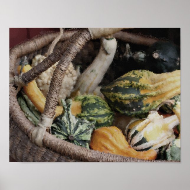 Fancy Gourds In Wicker Basket Photo Painting Poster (Front)