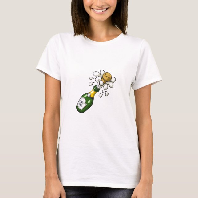 Fancy Green Cartoon Champagne Bottle Popping Cork T-Shirt (Front)