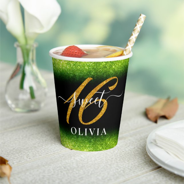 Fancy Green Glitter Sweet 16 Sixteen Paper Cup (Insitu)