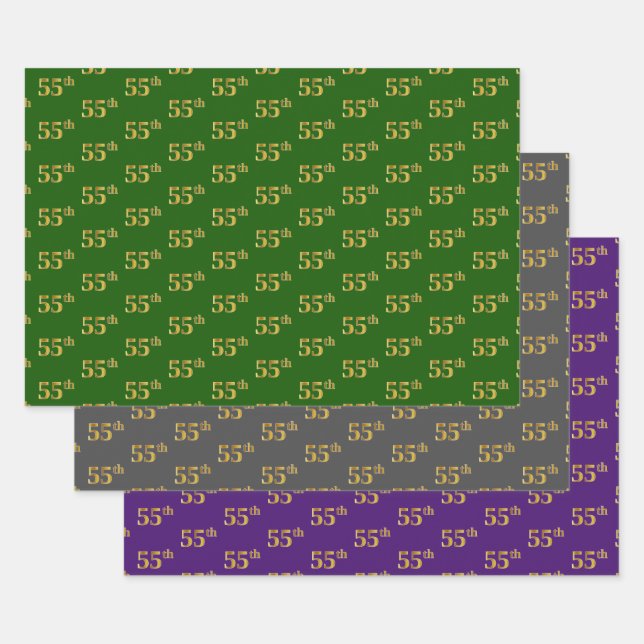 Fancy Green, Grey, Purple, Faux Gold 55th Event # Wrapping Paper Sheet (Set)