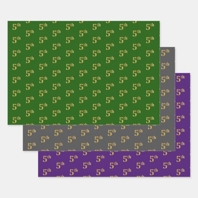 Fancy Green, Grey, Purple, Faux Gold 5th Event # Wrapping Paper Sheet (Set)