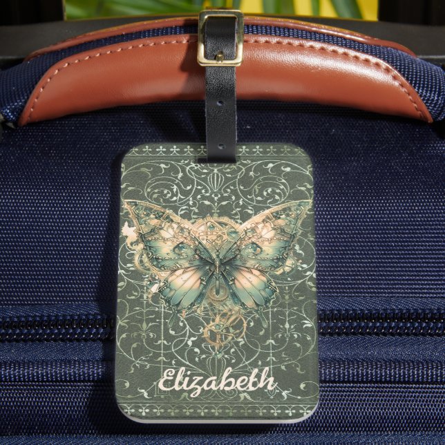 Fancy Green Steampunk Butterfly Personalised Luggage Tag (Front Insitu 2)