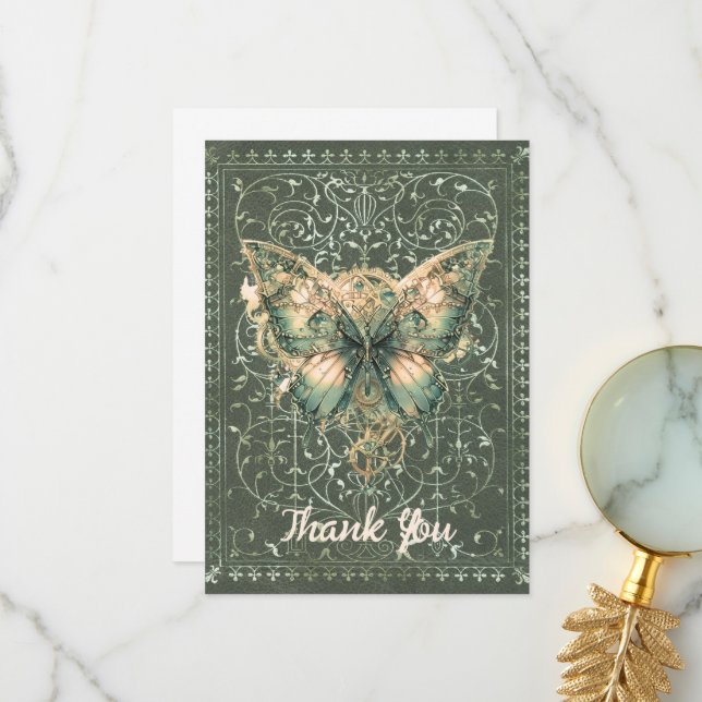 Fancy Green Steampunk Butterfly Thank You Card (Front/Back In Situ)