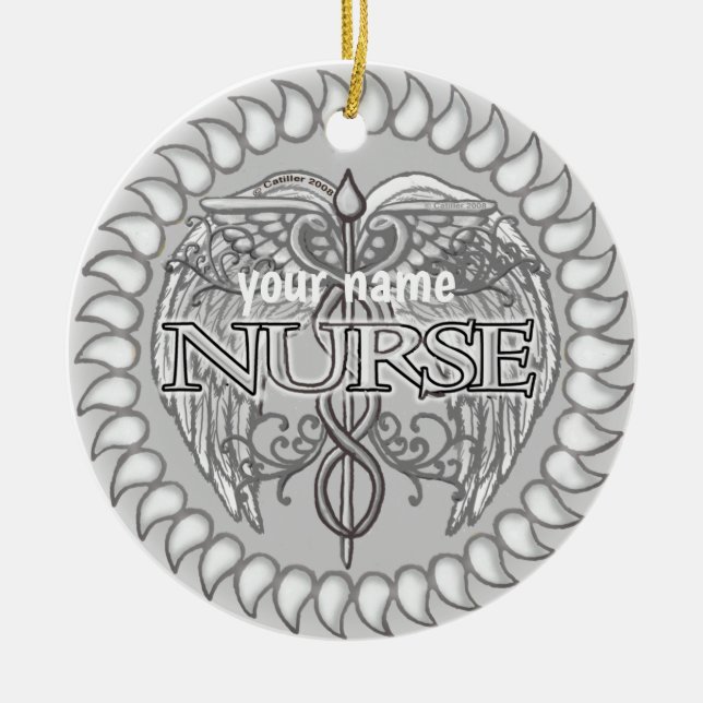 Fancy grey caduceus nurse  ceramic ornament (Front)