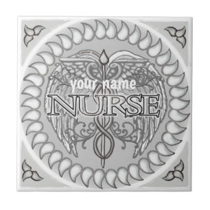 Fancy grey caduceus nurse ceramic tile