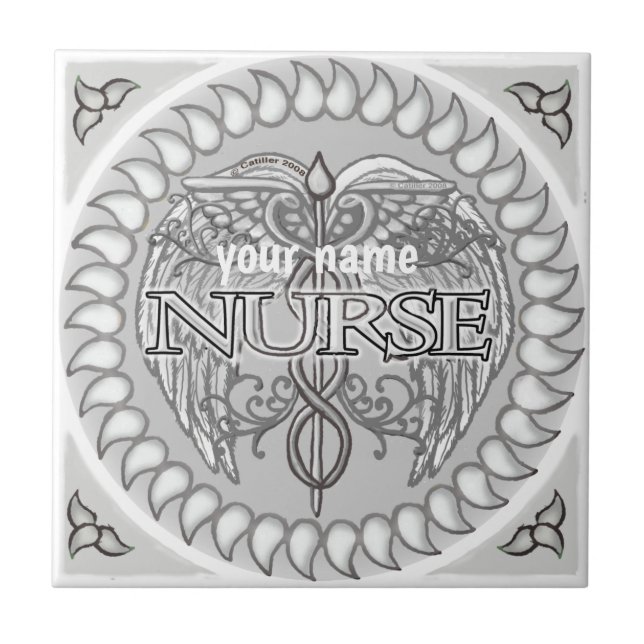 Fancy grey caduceus nurse  ceramic tile (Front)