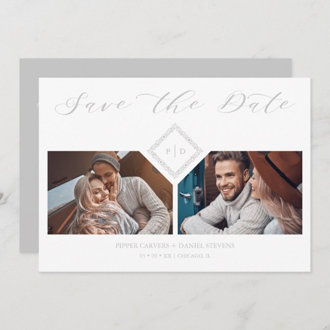 Fancy Grey Initials Chic Ornament Sophisticated Save The Date (Front/Back)