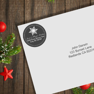 Fancy Grey White Snowflake Christmas Address Classic Round Sticker