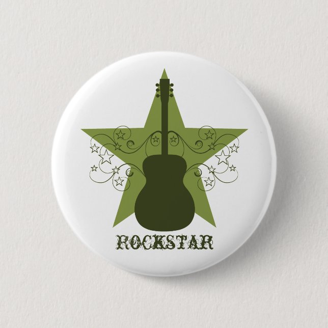 Fancy Guitar Star Swirls Button, Green 6 Cm Round Badge (Front)