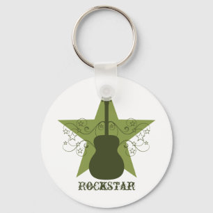 Fancy Guitar Star Swirls Keychain, Green Key Ring