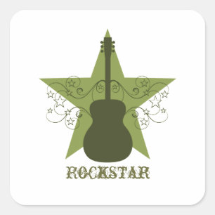 Fancy Guitar Star Swirls Square Stickers, Olive Gr Sticker