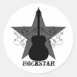 Fancy Guitar Star Swirls Stickers, Black Classic Round Sticker