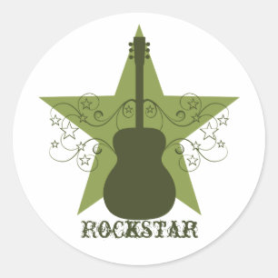 Fancy Guitar Star Swirls Stickers, Green Classic Round Sticker