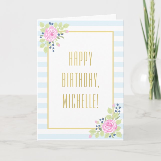 Fancy Happy Birthday Roses Blueberry Greeting Card (Front)